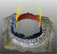 Comparison of accuracy and registration of different parameter pillar base dense point  cloud models (above: corresponding local models,  below: registration of image matching point cloud and laser point cloud)