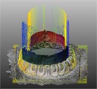 Comparison of accuracy and registration of different parameter pillar base dense point  cloud models (above: corresponding local models,  below: registration of image matching point cloud and laser point cloud)