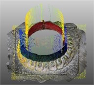 Comparison of accuracy and registration of different parameter pillar base dense point  cloud models (above: corresponding local models,  below: registration of image matching point cloud and laser point cloud)