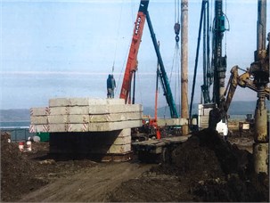 a) Bored pile drilling, b) installation of rebar cage, c) static loads test (Max 600 ton/pile)