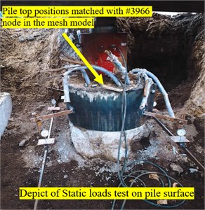 a) The basic workflow on the numerical analysis, the boundary conditions are described in Fig.12 where can be used for structure design and understood easily as well, b) the pile cap solid model in symmetrical form, c) the meshed node # 3966 track for post processing, d) the practical test position matched the model mesh location