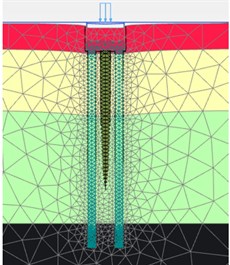 a) Initial state of foundation embedding, b) when Fz = 300 Ton/pile, c) when Fz = 600 Ton /pile