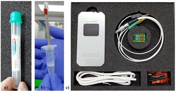 a) Platinum and gold discs; b) cell containing the discs and the saliva sample;  c) Potentiostat used, connected to a laptop computer