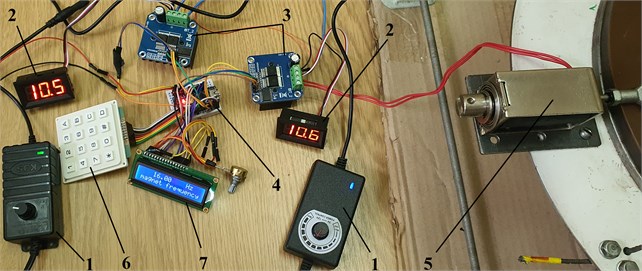 Control system of the lapping machine’s drive: 1) voltage regulator;2) voltage sensor; 3) driver; 4) Arduino controller; 5) electromagnet; 6) keyboard; 7) visual display; 8) oscilloscope