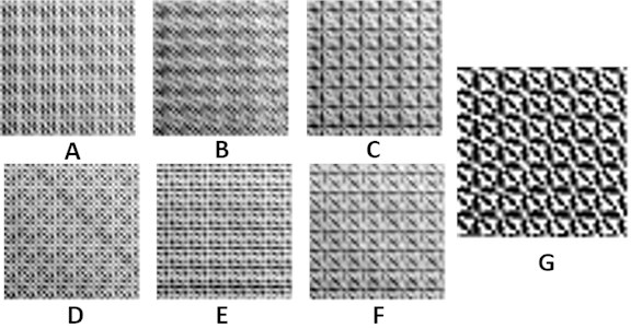Two-dimensional patterns of PE for qbirths.dat time series (m= 5; T= 2, 1, 2, 2). Pairwise relaxation of time delays [A] results into six plane images: 2,1,i,j (part A); 2,i,2,j (part B); 2,i,j,2 (part C); i,1,2,j (part D); i,1,j,2 (part E); i,j,2,2 (part F) ); i,j= 1...50. The average of all six parts is shown in part G