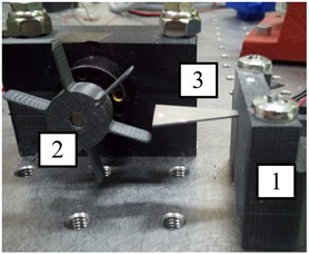 a) Experimental setup schematic representation; b) setup detail: clamping mechanism (1), rotating plectra (2), optimized PEH (3); c) setup detail: DAQ with resistance box (4) and laser vibrometer (5) [12]. Photos were taken by Petar Gljušćić in May 2022 in the Precision Engineering Laboratory  of the Department of Mechanical Engineering Design at the University of Rijeka,  Faculty of Engineering, Rijeka, Croatia