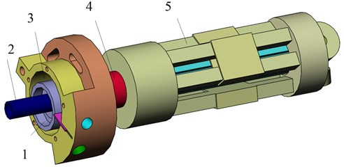 The 3D schematic diagram of the BLDCM:  1 – rolling rotor; 2 –shaft; 3 – air cylinder; 4 – upper bearing; 5 – stator