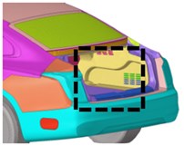 Original scheme and improved scheme of trunk grille: a) overall view of trunk grille, b) partial enlarged view of grille in its original state, c) grille optimization scheme 1, d) grille optimization scheme 2