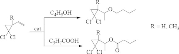 Condensation of substituted vinyl-gem-dichlorocyclopropanes with alcohols and acids