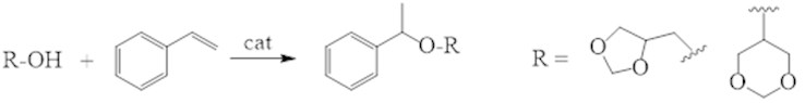 Condensation of an equimolar mixture of 4-hydroxymethyl-1,3-dioxolane and  5-hydroxy-1,3-dioxane with styrene