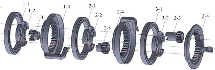 Components of Gearbox: (1-1) 1st bearing 6814ZZ, (1-2) 1st stabilizing part, (1-3) 1st gear, (1-4) 1st internal gear, (2-1) 2nd bearing 6814ZZ, (2-2) 2nd stabilizing part, (2-3) 2nd gear, (2-4) 2nd internal gear, (3-1) 3rd bearing 6814ZZ, (3-2) 3rd stabilizing part, (3-3) 3rd gear, (3-4) 3rd internal gear