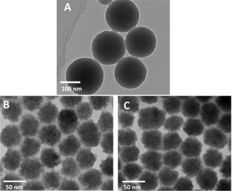 a) TEM image of polymer spheres, b) TEM image of PC-N2, c) TEM image of PC-NH3