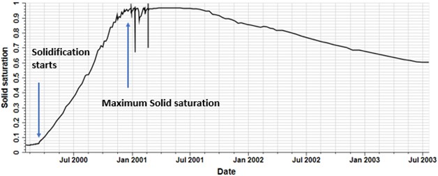 Soldi saturation profile vs. time at injection point for 5 cm length near the wellbore
