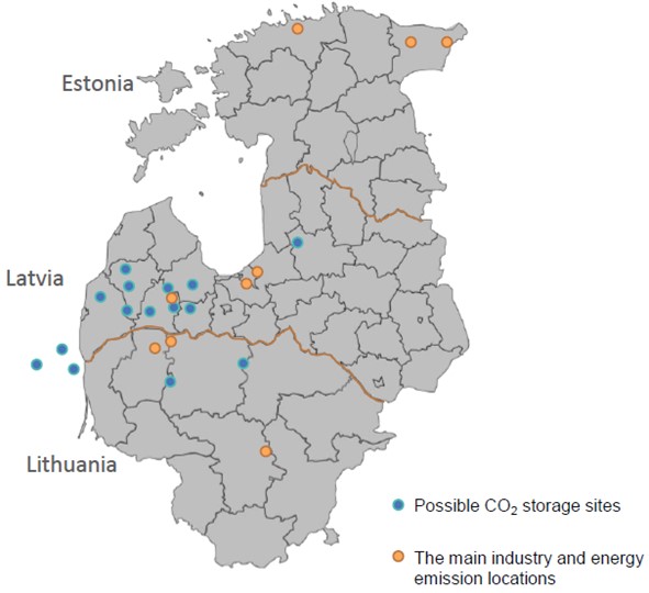 Baltic states – main energy and industry emission and carbon storage location