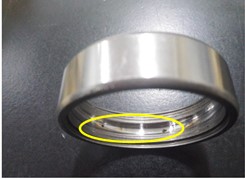 Four states of deep groove ball bearing type 6205EKA:  a) Outer ring pitting; b) outer ring crack; c) outer ring electro-erosion fault; d) outer ring normal