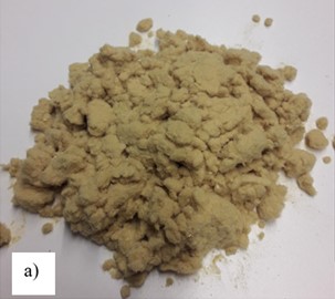 Recycled materials used for geopolymer concrete formulation: a) glass fiber, b) glass fiber strings