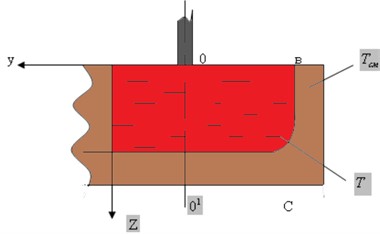 Typical vertical section of the bath, passing through its center and the axis of the electrode
