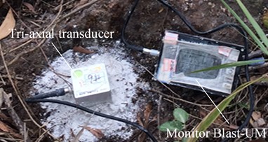 Blasting vibration monitoring system. Photo was taken by the authors on the Chiwan Mountain slope (the case slope in the manuscript) when the blasting vibration monitoring was conducted
