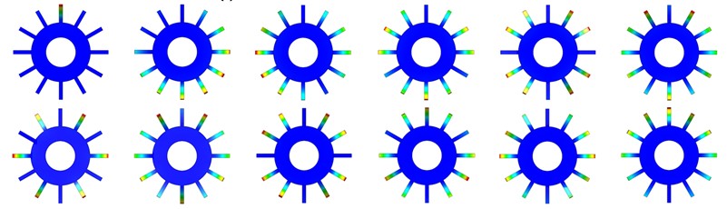 First twelve-order mode shapes of tuned bladed disk and cracked bladed disk