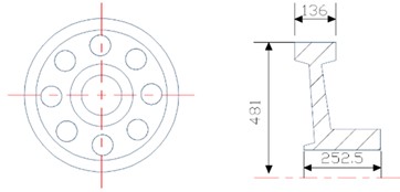 Geometric structures of each part of the wheelset (mm): a) axle;  b) front view of large gear (left) and cross-section view of large gear (right);  c) cross-section view of wheel (left) and tread size diagram (right)