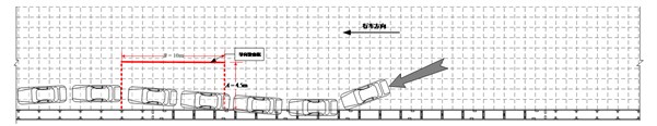 Schematic diagram for the driving track of a vehicle crashing barrier  at the midpoint in the real vehicle crash test (from right to left)