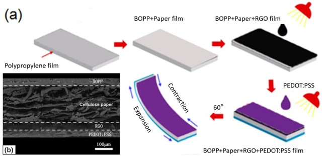 a) Schematic illustration of the fabrication process of the BOPP/paper/RGO/PEDOT: PSS films;  b) SEM of the cross section of BOPP/paper/RGO/PEDOT: PSS film
