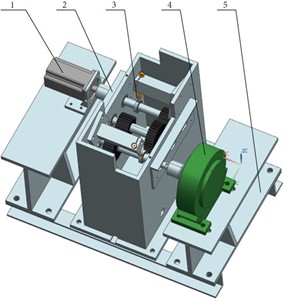 Gear transmission system with a built-in piezoelectric actuator:  1: motor, 2: gear box, 3: active control structure, 4: magnetic powder brake, and 5: base
