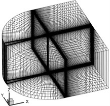 Calculation domain, symmetry surface indication and grids of equal-section blade