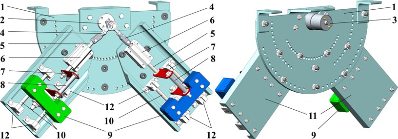 General design of an enhanced vibration exciter: 1, 11 – mounting plates; 2 – driving crank;  3 – DC motor; 4 – connecting rods; 5 – sliding axes; 6 – guiding (linear) bearings; 7 – flat springs;  8 – connecting bolts; 9 – disturbing bodies; 10 – guides; 12 – clamps