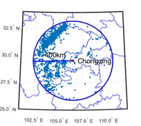 Spatial distribution of earthquake events with epicentral distances within 400 km