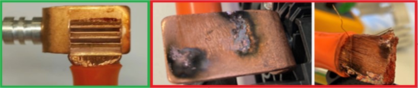 Proper welding (green) of copper plate with copper lead strands versus defective welding (red)