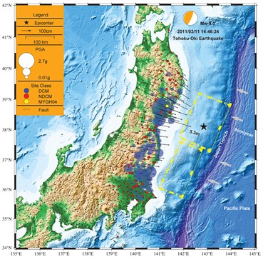 Topographic map of northern Honshu Island of the Tohoku-Oki earthquake