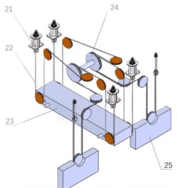 Structure diagram: 21 – rope fastening; 22 – steel-wire rope; 23 – lift platform;  24 – driving wheel; 25 – counterweight