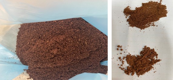 Date palm seeds powder after grinding (on the left) and  after doing the meshing process (on the right) [25]