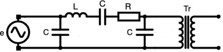 Equivalent circuit of a long energy transmission line,  composed of series and shunt, with an idle transformer at the end