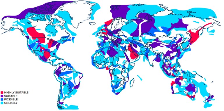Figure showing suitable storage regions of the world for CO2 storage, modified from [9]