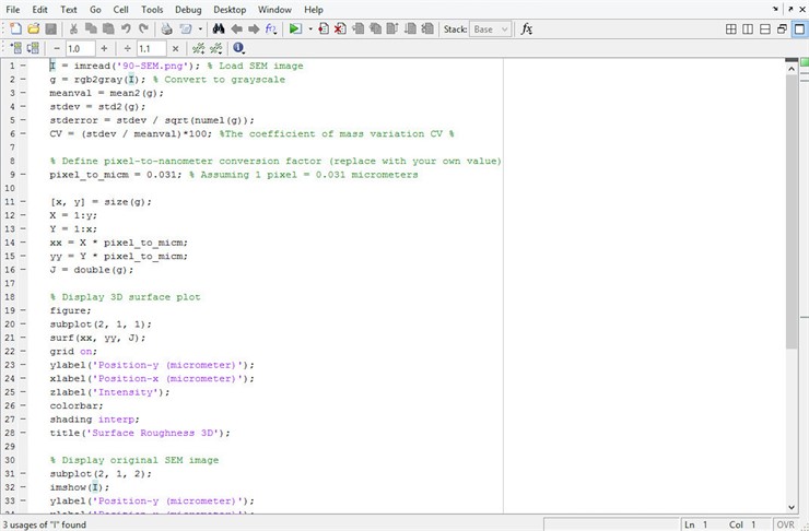 The MATLAB code in the script editor