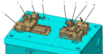 Rotating torque detection system: 1 – slide rail; 2 – support board; 3 – three jaw chuck;  4 – up bar; 5 – turntable; 6 – torque sensor; 7 – servo driven slide; 8 – servo motor