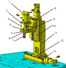 Swinging torque detection system: 1 – servo motor; 2 – motor fixing plate; 3 – fixed column;  4 – torque sensor; 5 – fixed base plate; 6 – sensor fixing plate; 7 – shift forks; 8 – system fixed base plate; 9 – L-shaped fixed plate; 10 – servo driven slide; 11 – U-shaped bracket; 12 – fixed base plate;  13 – servo driven slide