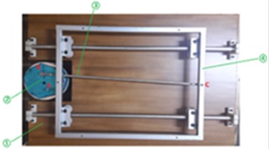 a) Mechanism for generating movement on the vibration table, b) kinematic diagram