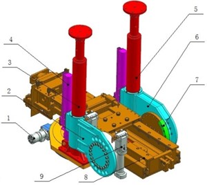 Circular column double liquid drive turntable unit: 1 – azimuth rotary reducer; 2 – left connection plate assembly; 3 – left column assembly; 4 – lift cylinder; 5 – right column assembly; 6 – right connection plate assembly; 7 – pressure block; 8 – feed device; 9 – axis-angle rotary reducer