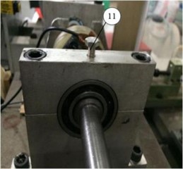 Self-built fault test rig: 1) motor; 2) coupling; 3) spindle; 4) bearing housing; 5) carbon brush; 6) test bearing housing; 7) vibration acceleration sensor; 8) bearing; 9) base; 10) power; 11) load bolts