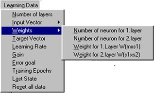 The Learning Data menu item for multilayer perceptron