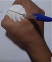 Ergonomic pen and pencil reamer: a) the 3D modeling is depicted; b) the unfinished piece is showcased; c) the finished piece is displayed; d) the applicability of the device is demonstrated