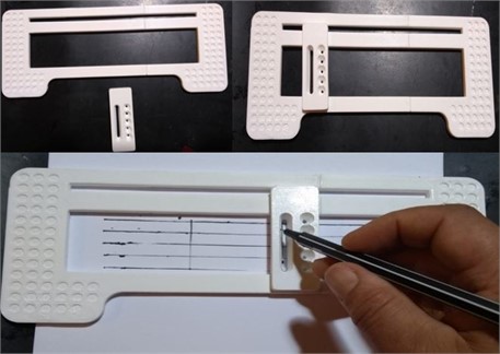 Guideline Ruler or Pentagram. The two parts constituting the piece are represented  in the upper-left image, and the assembly of the pieces is illustrated on the right side.  Below is a demonstration of usability on an A4 paper sheet