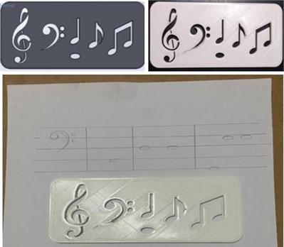 Template for musical clefs and notes. Designed for musical education, this ruler contains diagonal lines on its surface, added to prevent hand slips. The 3D modeling is depicted in the upper left image, and the finished piece is illustrated on the right side. Below is a demonstration of usability on an A4 paper sheet