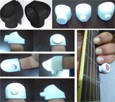 The image displays the 3D modeling of the thimble from the front and back, as well as the finished pieces. Three types of thimbles for distal phalanges are presented, along with the practical application  of the thimble on a string instrument, mainly a guitar