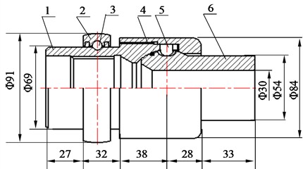 Flexible short section construction: 1 – upper ball housing; 2 – bearing housing;  3 – rolling bearing; 4– ball housing retaining cap; 5 – ball stud key; 6 – ball connecting rod