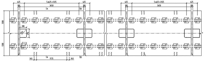 Single-line damping pad floating slab plan (Unit: mm)