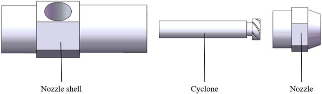 Geometric modeling of externally mixed air atomizing nozzle: a) sectional view of nozzle shell; b) cyclone structure; c) sectional view of nozzle